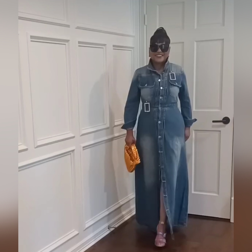 Denim maxi dress (dress only, not attached pins)